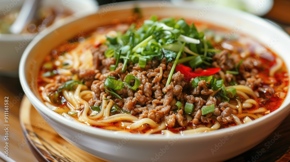 Minced pork noodles in a red broth Minced pork noodles in a red broth