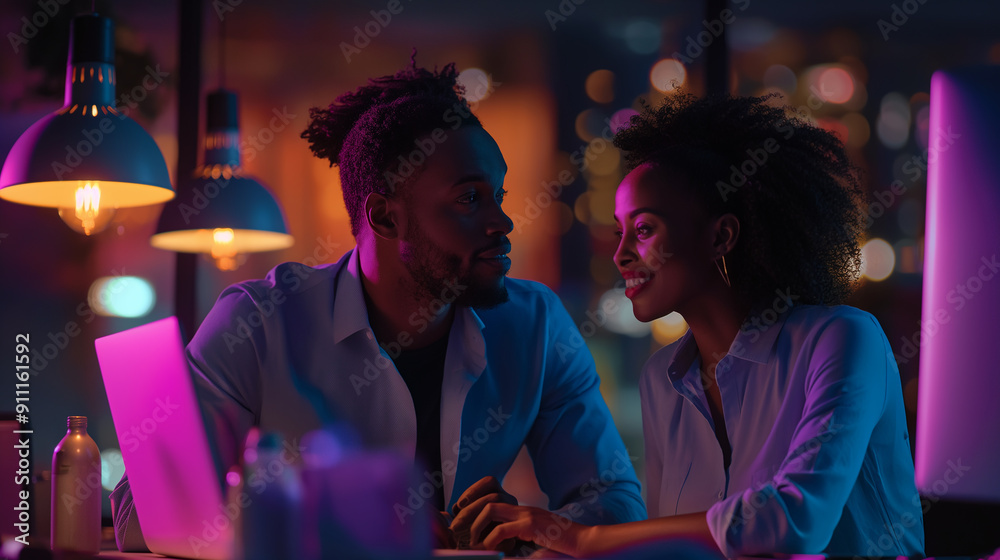 Obraz premium A man and a woman are sitting at a desk with a computer monitor in front of them