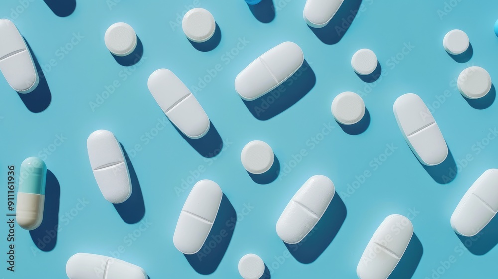 Medication capsules and tablets on a blue backdrop Medication capsules and tablets on a blue backdrop