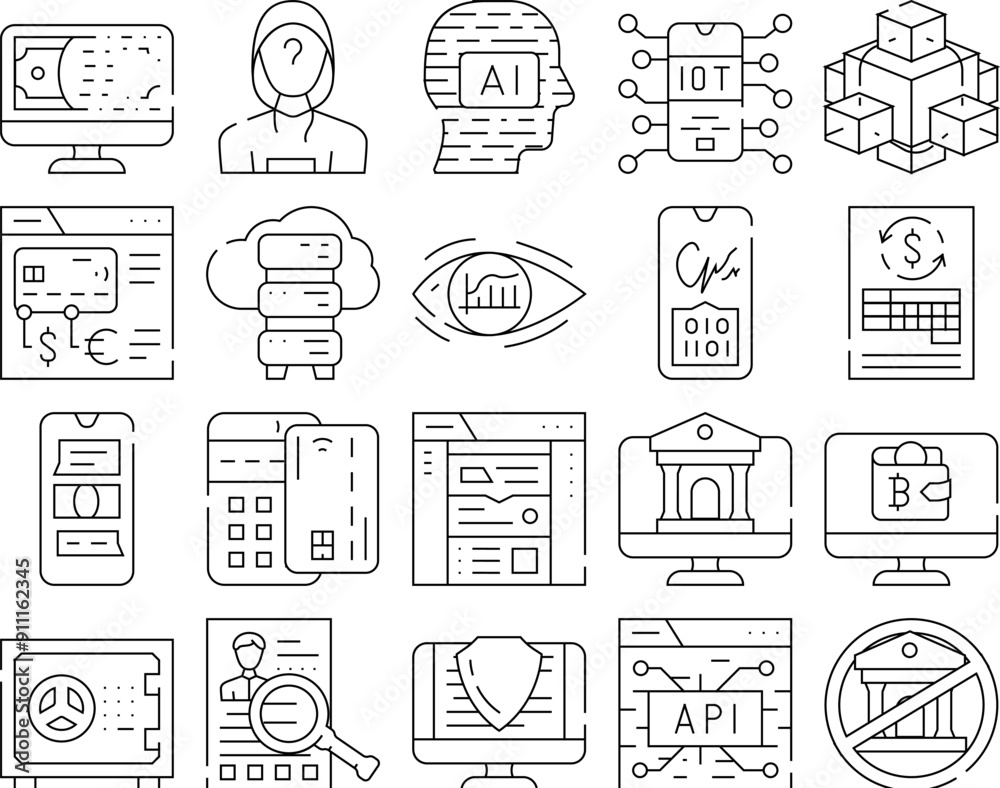 Financial Technology And Software Icons Set Vector. Api And Iot Finance ...