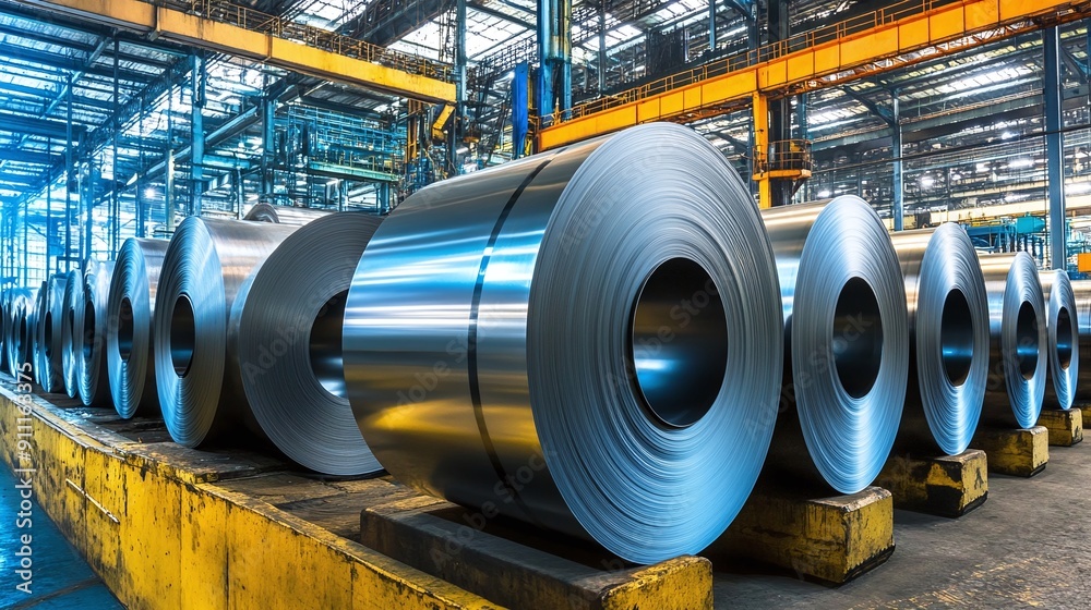 Rolls of cold-rolled galvanized steel in a warehouse Rolls of cold-rolled galvanized steel in a warehouse