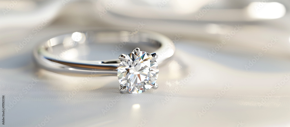 Diamond ring on clear white table close-up Diamond ring on clear white table close-up