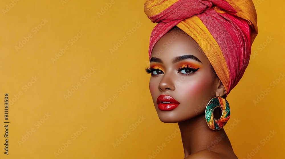 Stylish female model with bright colored makeup and headdress Stylish female model with bright colored makeup and headdress