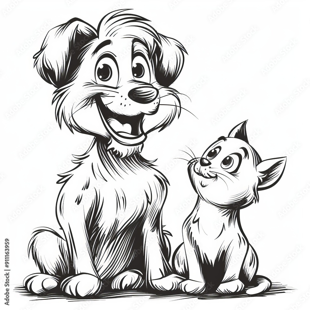 black and white dog and cat coloring page for young children ...