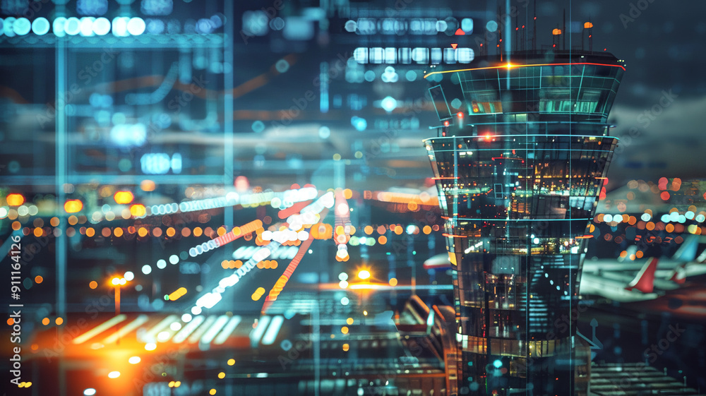 Fototapeta premium Airport Runway with Control Tower and Vibrant Light Trails