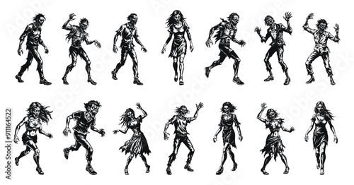 Zombie collection with different characters in various poses vector cartoon illustration. Black and white undead figures walking and reaching out.