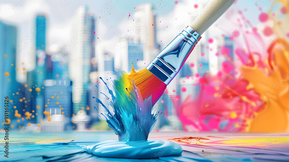Fototapeta premium High-resolution image of a paintbrush transforming a dull cityscape into a colorful utopia for World Creativity and Innovation Day