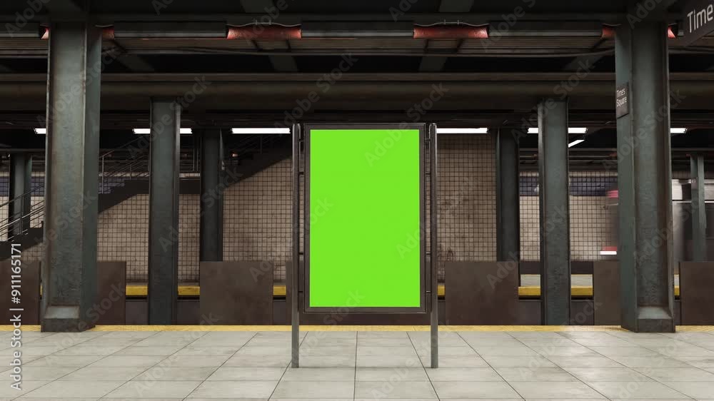 Empty billboard with a green screen for advertising on a subway station. 4k 3D animation 