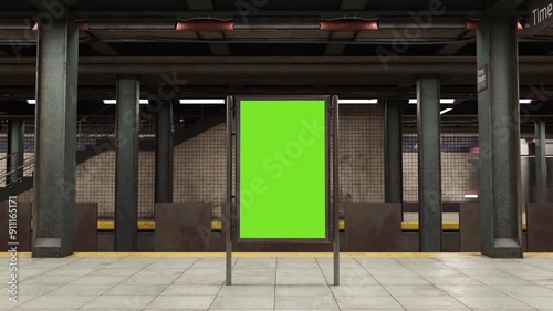 Empty billboard with a green screen for advertising on a subway station. 4k 3D animation 