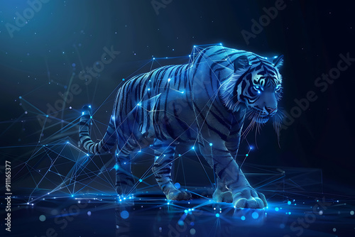 Tiger made of glowing dots on an abstract background. 3D