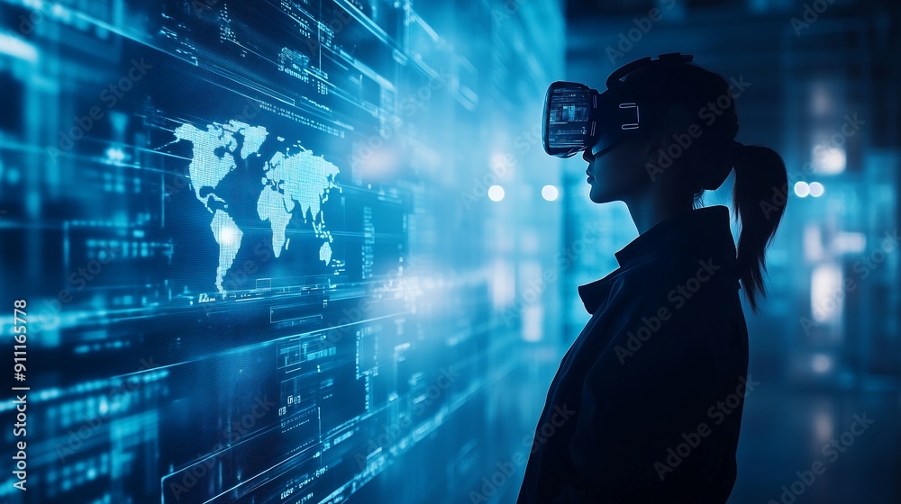 Silhouette of a person in futuristic virtual reality technology with holographic interface Silhouette of a person in futuristic virtual reality technology with holographic interface