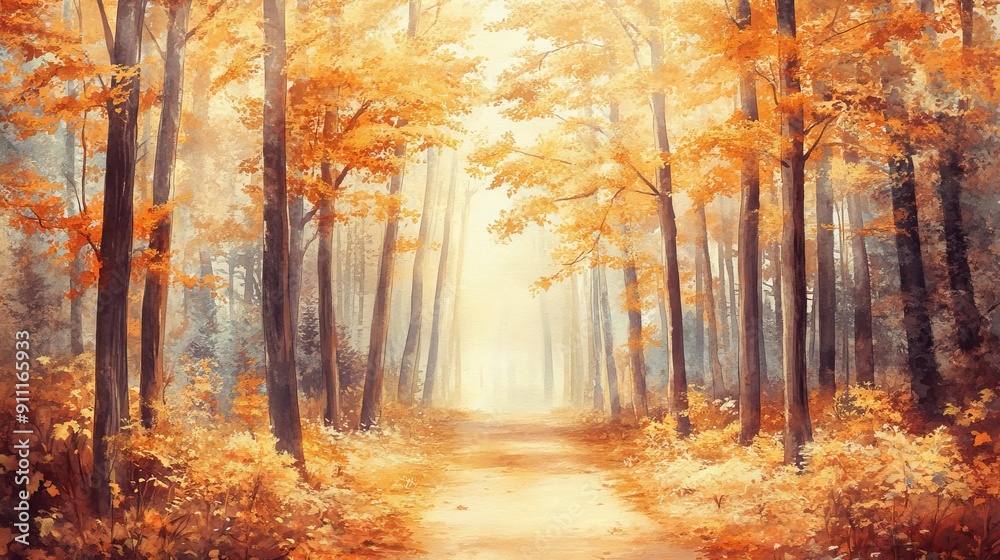 Fototapeta premium Colourful autumn leaves on a watercolor path in a forest