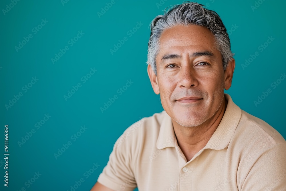 Obraz premium mature Hispanic man with salt and pepper hair, seated and relaxed, wearing a beige polo shirt, dark blue background