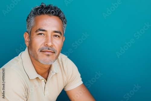 mature Hispanic man with salt and pepper hair, seated and relaxed, wearing a beige polo shirt, dark blue background