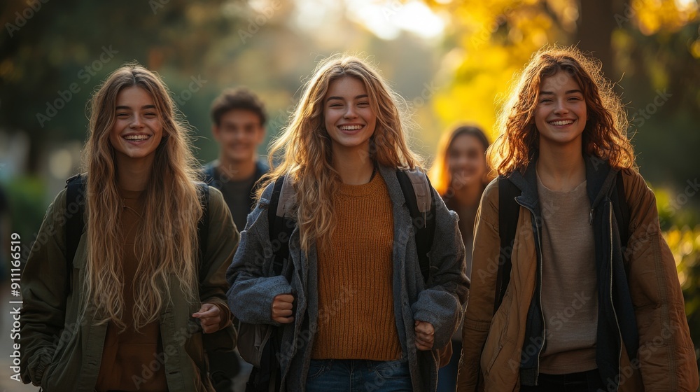 Group Of Friends Walking Together To School Laughing In The Morning Sunlight Group Of Friends Walking Together To School Laughing In The Morning Sunlight