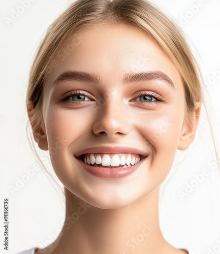 Female portrait of a smiling blond woman isolated on white background as a transparent PNG, a fictional portrait