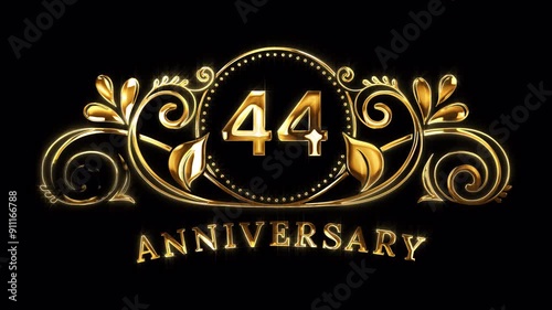 44th Anniversary Celebration. Happy 44 Years Anniversary Animation in Gold Color on the Transparent Background, Alpha Channel. Great for greetings, celebrations, events, and gifts.