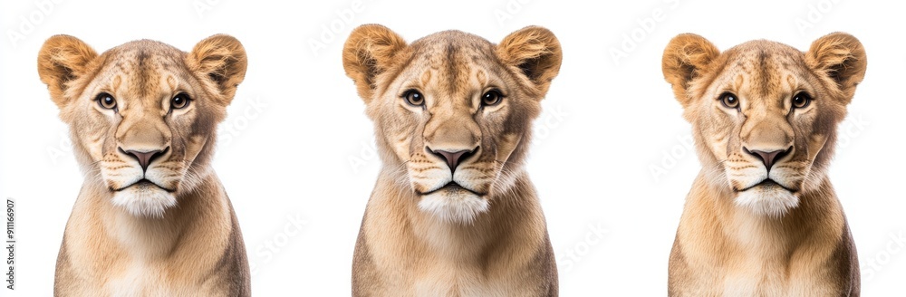 Animal bundle of three lionesses (portrait, lying, standing), isolated on white, transparent PNG Animal bundle of three lionesses (portrait, lying, standing), isolated on white, transparent PNG