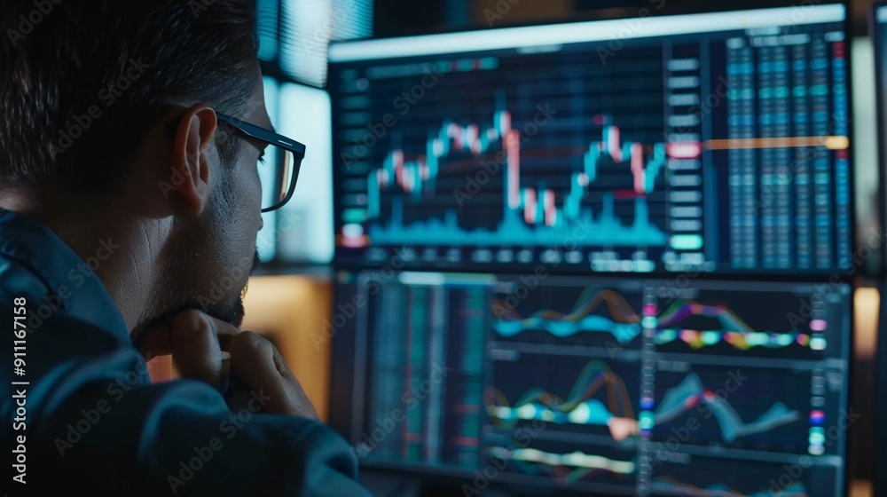 Young man in eyeglasses looking at computer monitor with stock market data.
