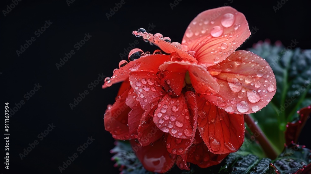 Red Begonia flower with water droplets on black backdrop Red Begonia flower with water droplets on black backdrop