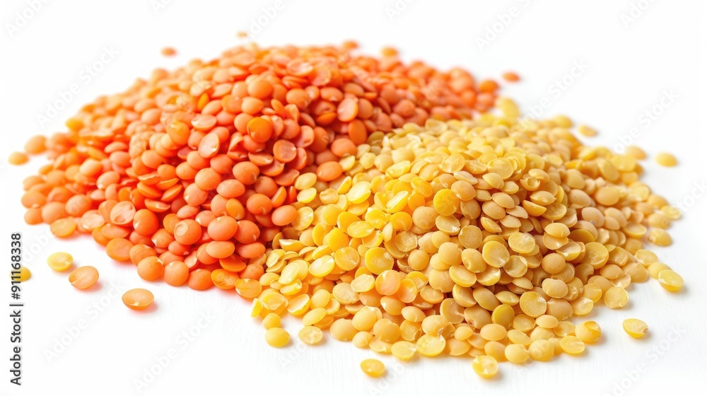 Red and yellow lentils on white background Red and yellow lentils on white background