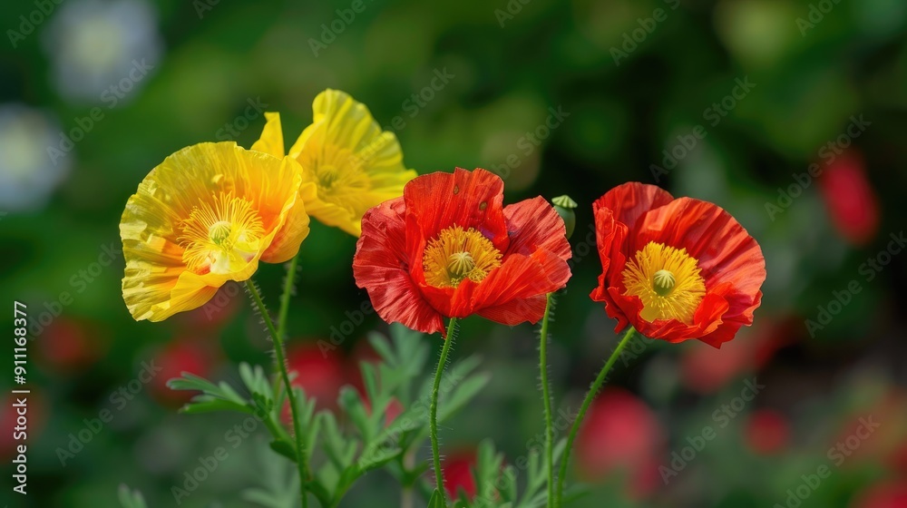 Red and yellow Ashsholtia Poppy flowers in summer greenery Red and yellow Ashsholtia Poppy flowers in summer greenery