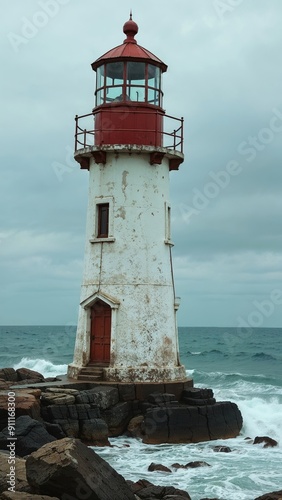 A weathered, old lighthouse stands on a rocky shore. Its paint is peeling, and it shows signs of rust, but it remains a striking landmark against the backdrop of a turbulent sea.