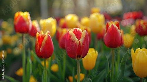 Red and yellow Tulip Hybrids in Banja Luka showcasing striking petals on a blurred backdrop photo