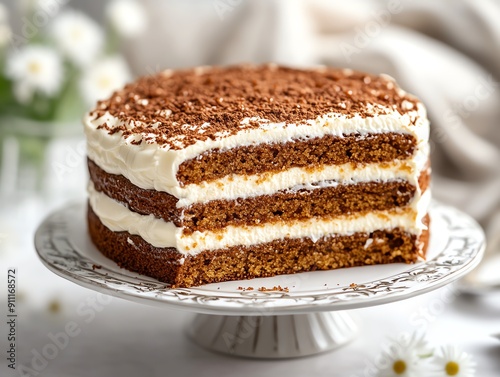 A closeup of a traditional Russian honey cake medovik with its layers of honeyinfused sponge and creamy filling photo