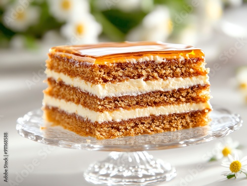 A closeup of a traditional Russian honey cake medovik with its layers of honeyinfused sponge and creamy filling photo