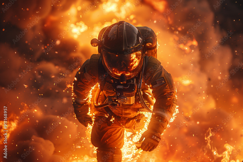Fototapeta premium AI generated picture photo of professional firefighter rescue service against fire backdrop