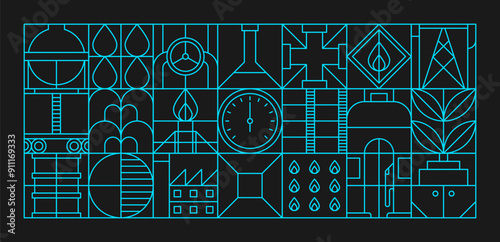 Oil and gas industry modern geometric pattern. Energy industry vector line background, abstract ornament of petroleum refinery power plant, gas flames and pipelines, fuel station and storage tank