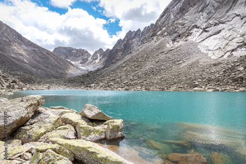 mountains glacier lake stones turquoise