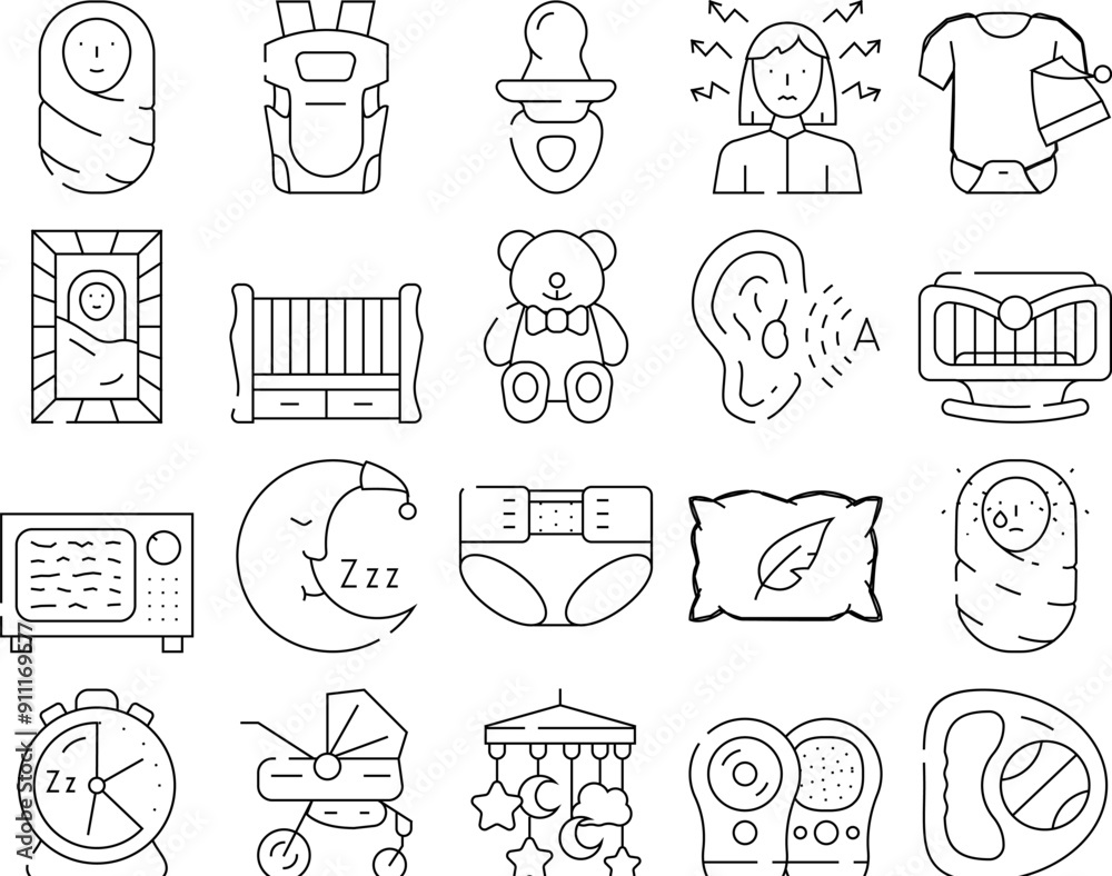 Newborn Baby Sleep Accessories Icons Set Vector. Baby Sleep In Crib Or Rocking Bed On Soft Pillow With Teddy Bear Toy, Pampers And Sling, Clothes And Stroller Black Contour Illustrations Newborn Baby Sleep Accessories Icons Set Vector. Baby Sleep In Crib Or Rocking Bed On Soft Pillow With Teddy Bear Toy, Pampers And Sling, Clothes And Stroller Black Contour Illustrations