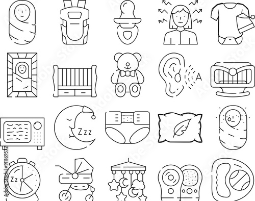 Newborn Baby Sleep Accessories Icons Set Vector. Baby Sleep In Crib Or Rocking Bed On Soft Pillow With Teddy Bear Toy, Pampers And Sling, Clothes And Stroller Black Contour Illustrations