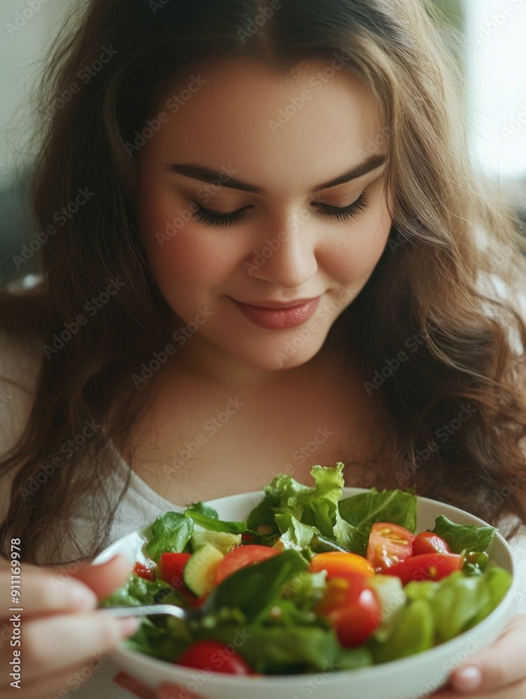 A woman holds a bowl of salad in front of her face, obscuring the view A woman holds a bowl of salad in front of her face, obscuring the view