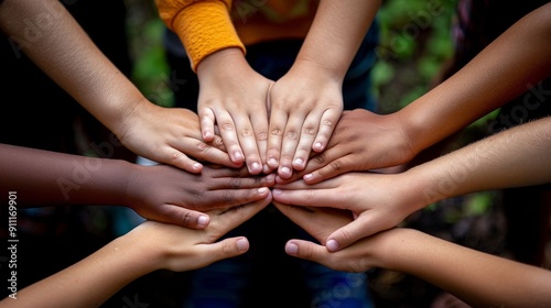 Obraz na płótnie People of various ethnicities holding hands in a circle outdoors w salonie