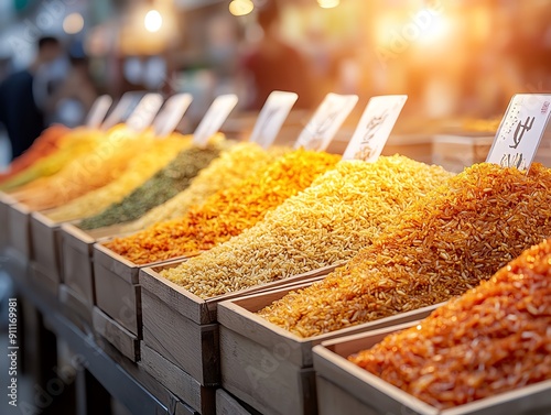 A festive market stall with a variety of colorful tteok, Korean rice cakes, displayed in wooden boxes with vibrant decorations and cheerful marketgoers in the background photo