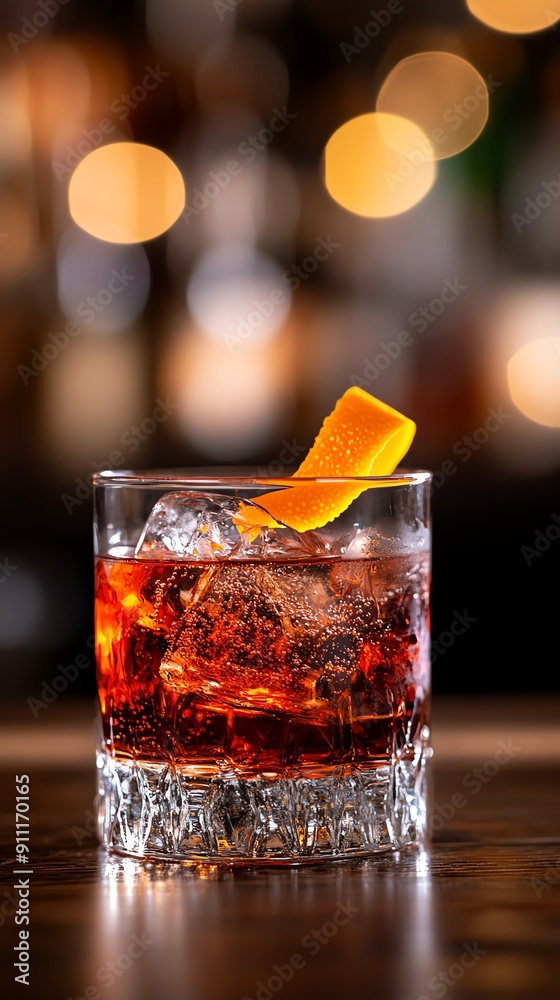 A glass of Negroni cocktail with an orange peel garnish, placed on a polished wooden bar counter, with a blurred background of a stylish Italian bar interior A glass of Negroni cocktail with an orange peel garnish, placed on a polished wooden bar counter, with a blurred background of a stylish Italian bar interior