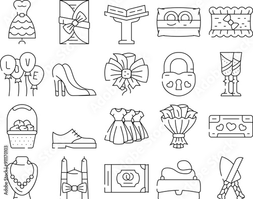 Bridal Shop Fashion Boutique Icons Set Vector. Dress For Bride And Costume For Groom, Garment For Bridesmaid And Candles, Ring And Wedding Album Selling In Bridal Shop Black Contour Illustrations