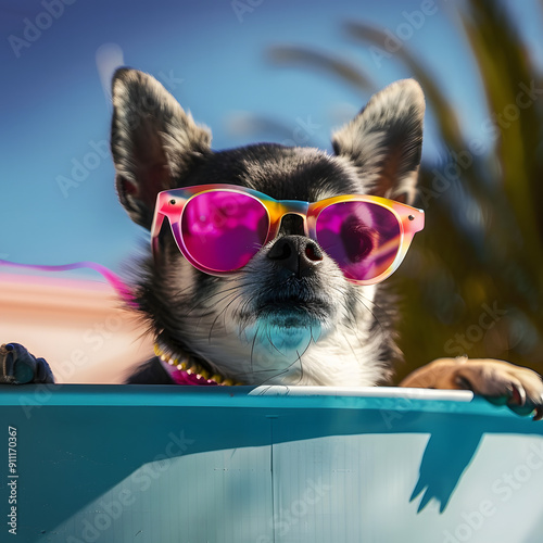 Chihuahua glasses sunglasses outdoors.