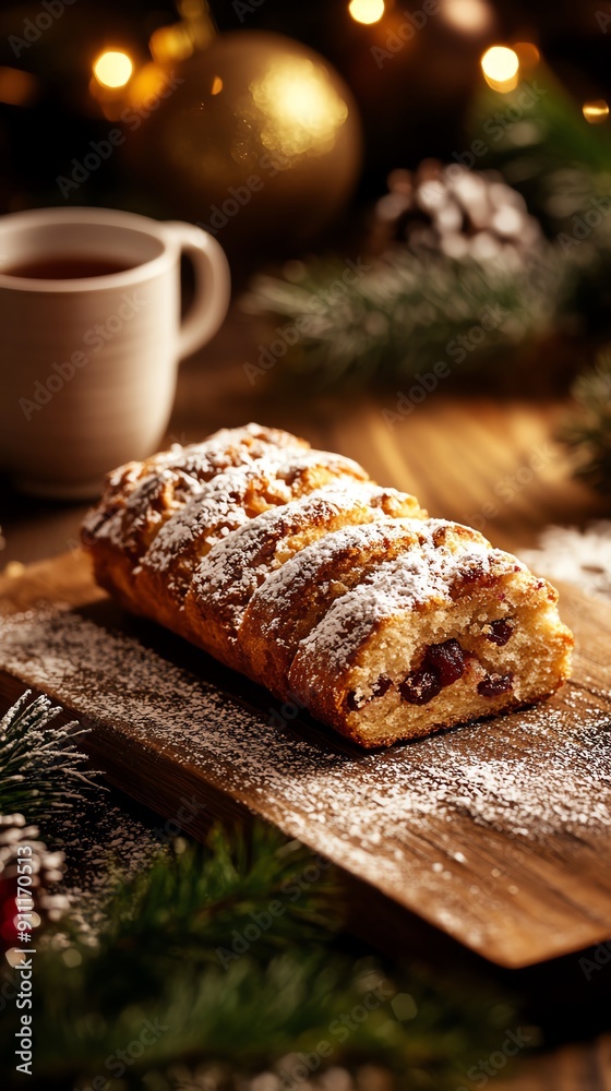 A picturesque shot of a traditional Norwegian Christmas dessert, Julekake, a spiced bread with dried fruits, placed on a wooden board with holiday decorations and a cup of warm tea A picturesque shot of a traditional Norwegian Christmas dessert, Julekake, a spiced bread with dried fruits, placed on a wooden board with holiday decorations and a cup of warm tea