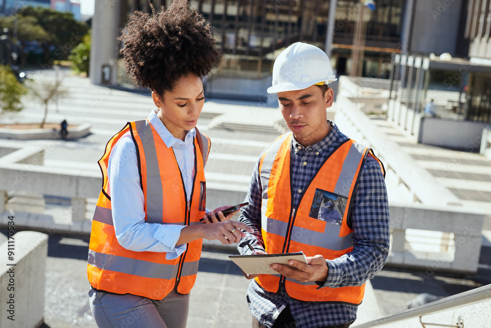 Diverse Construction Workers Reviewing Plans on a City Project Diverse Construction Workers Reviewing Plans on a City Project