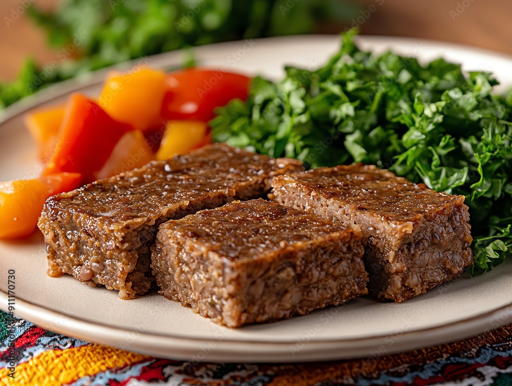 A plate of Nigerian bean cake moimoi sliced and arranged with a side of fresh vegetables, set on a colorful tablecloth with traditional patterns A plate of Nigerian bean cake moimoi sliced and arranged with a side of fresh vegetables, set on a colorful tablecloth with traditional patterns
