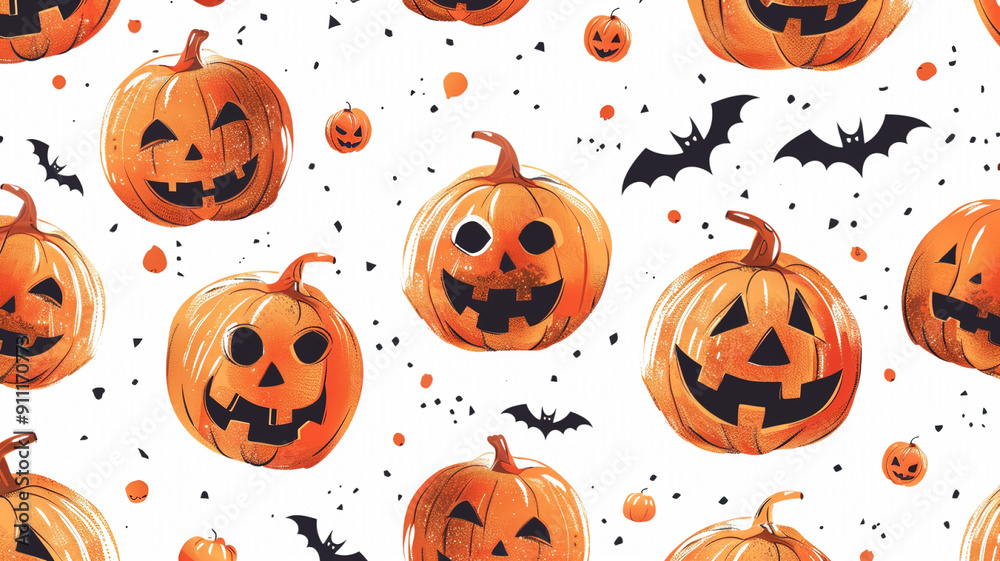 white background with vibrant orange pumpkins Concept of Halloween celebration and creativity. pattern white background with vibrant orange pumpkins Concept of Halloween celebration and creativity. pattern