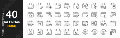Calendar thin line icons set. Reminder organizer event signs. Calendar notification icons. Containing date, schedule, appointment, agenda, organization, event, and more. Vector illustration