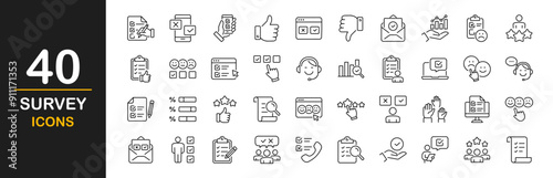 Survey icon set. Containing feedback, opinion, questionnaire, poll, research, data collection, review, satisfaction, answers, task, survey, list, clipboard, unhappy, checklist, and more