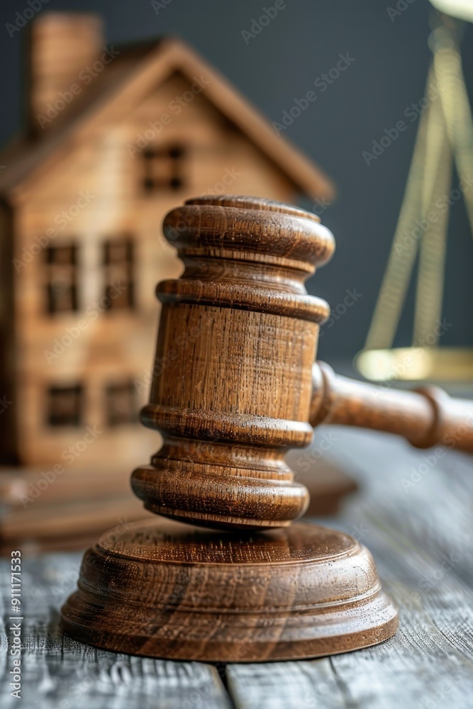 Wooden Gavel and House Model on Wooden Table with Justice Scale in Background Symbolizing Real Estate Law