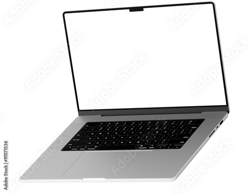 Isometric style view mockup template of silver laptop similar to macbook without background.

