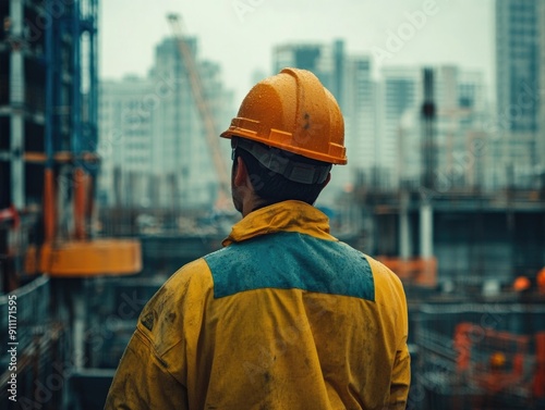 A man in a hard hat stands at the edge of a construction site, surrounded by equipment and materials